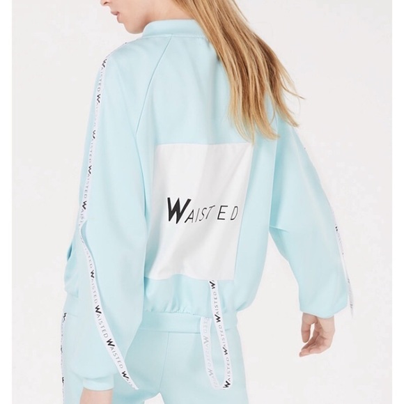 Waisted Pastel Blue Graphic zip-front Track Jacket - Picture 1 of 16